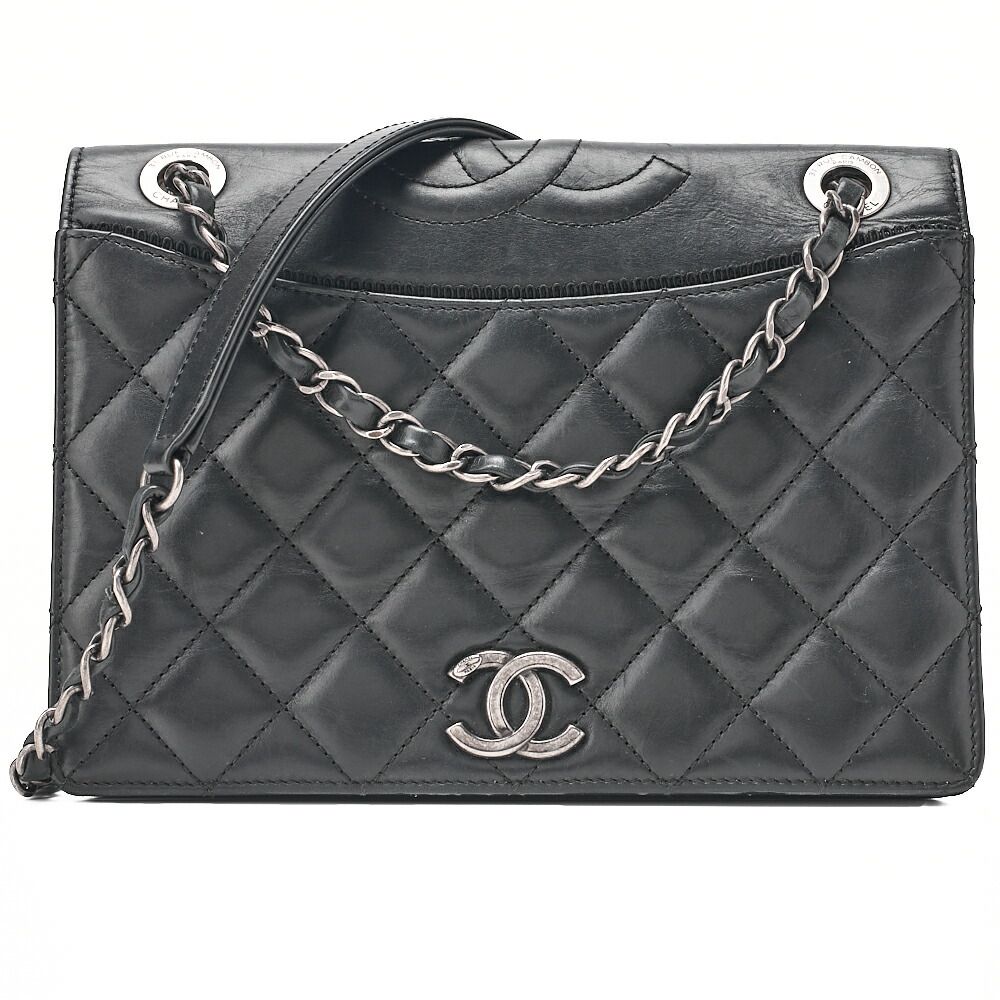 CHANEL シャネル ヴィンテージカーフ マトラッセ 上部ココマーク フルフラップ チェーンショルダー 黒 シルバー金具 レディースバッグ ブランド【中古】【送料無料】
