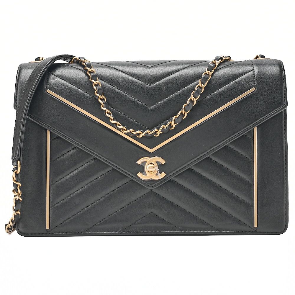CHANEL シャネル ラムスキン Vステッチ シェブロン チェーンショルダー ターンロック 黒 ゴールド金具 レディースバッグ ブランド【中古】【送料無料】