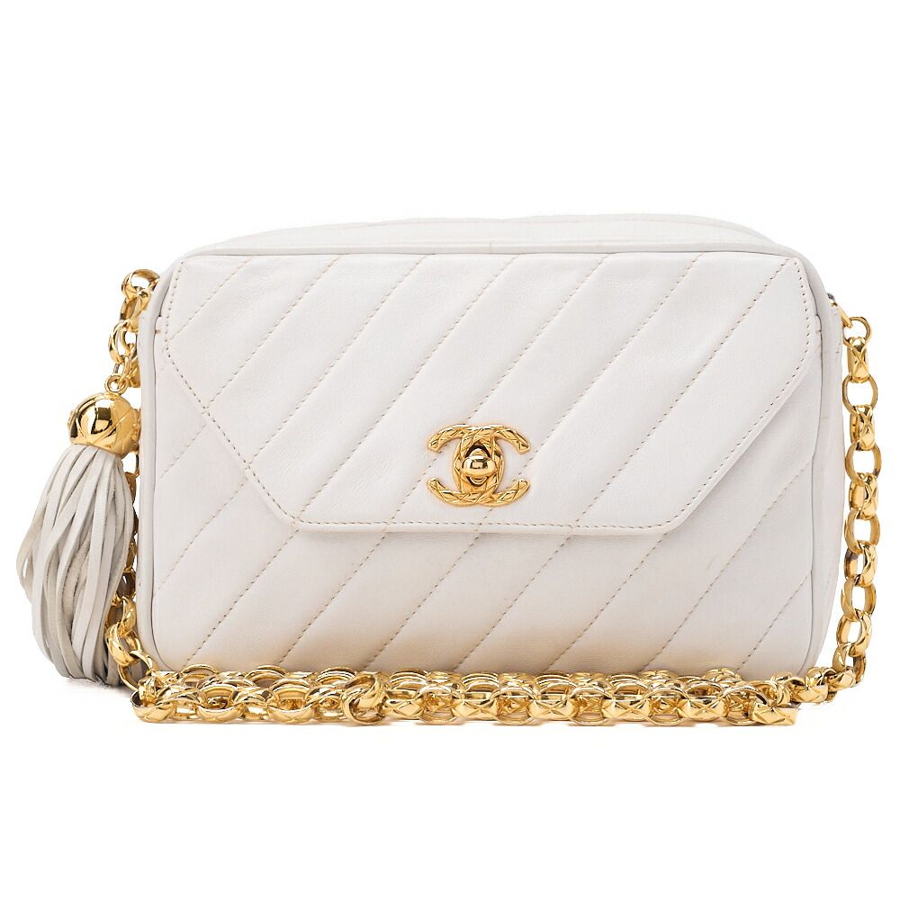 CHANEL シャネル　ラムスキン　斜めステッチ　フリンジ　ビジューチェーンショルダー　白（ゴールド金具）レディース【中古】【送料無料】【SS】