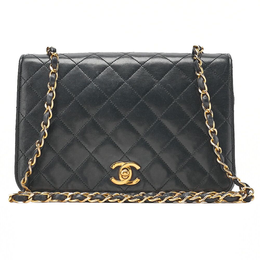 CHANEL ラムスキン マトラッセ　フルフラップ　22cm　ターンロック　チェーンショルダー　黒　ゴールド金具　フルフラッ　 ターンロック ブランド【中古】【送料無料】