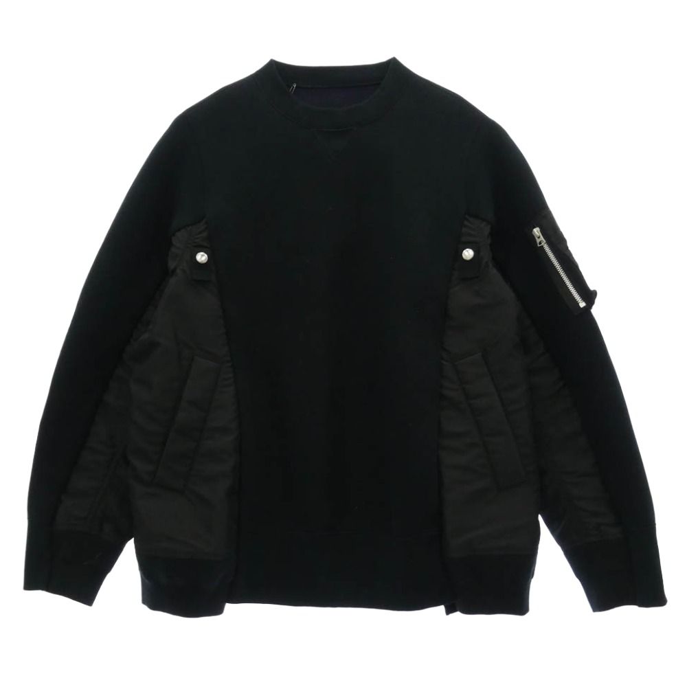 Sacai サカイ SCM-326 Sponge Sweat x Nylon Twill Pullover 再構築 MA-1ドッキング スポンジスウェット クルーネック トレーナー ブラック系 2【中古】