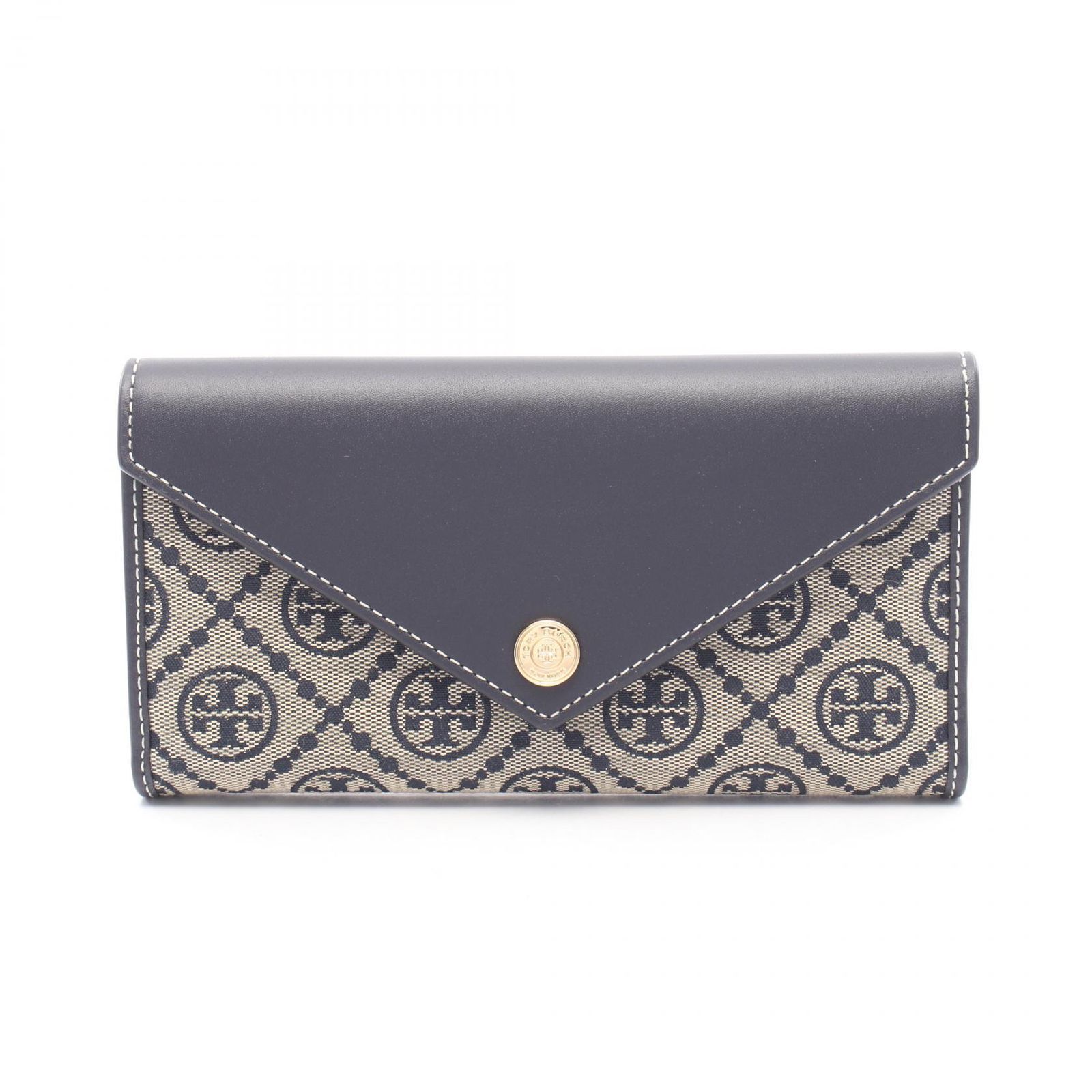 トリーバーチ Tory Burch 三つ折り長財布 Tモノグラム エンベロープ ロングウォレット 165023405 ネイビー キャンバス レザー 二つ折り長財布 レディース 新品