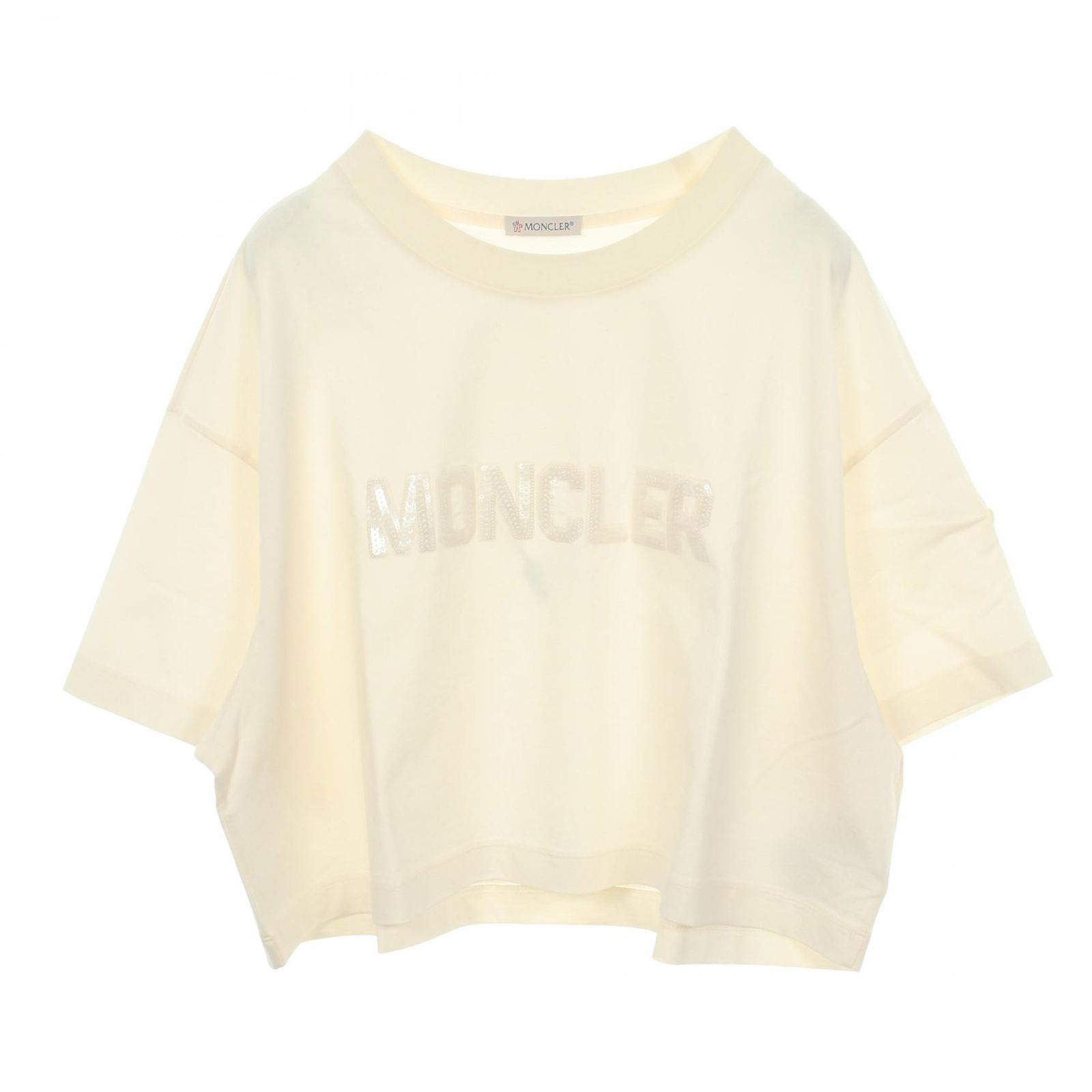 モンクレール MONCLER 半袖Tシャツ スパンコールロゴ クロップド コットン Tシャツ レディース Used A