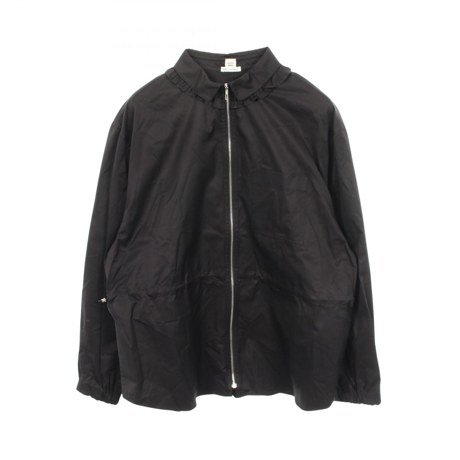 エルメス HERMES ブラウス ジップアップ フリルシャツ ブラック コットン ジップアップジャケット レディース Used A