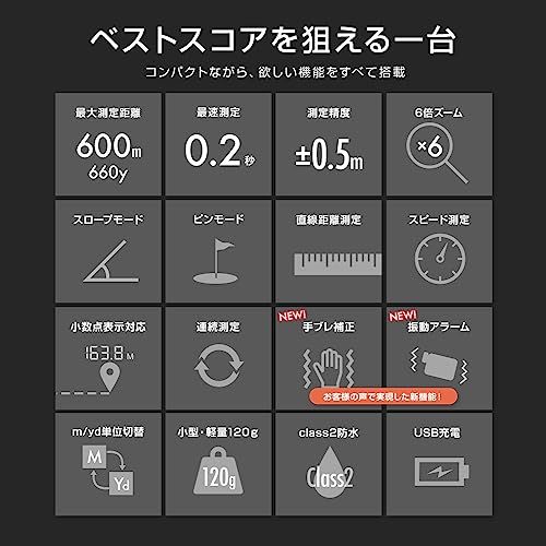 リテマス ゴルフ 距離測定器 ゴルフ距離計測器 手ぶれ補正 振動機能 フラッグモード ピンサーチ コンパクト 三眼 光学6倍 高低差 精度±0.5 105mm×75mm×40mm 120g 660y 600m メートル 収納ポーチ付き 父の日 c7e0f20a