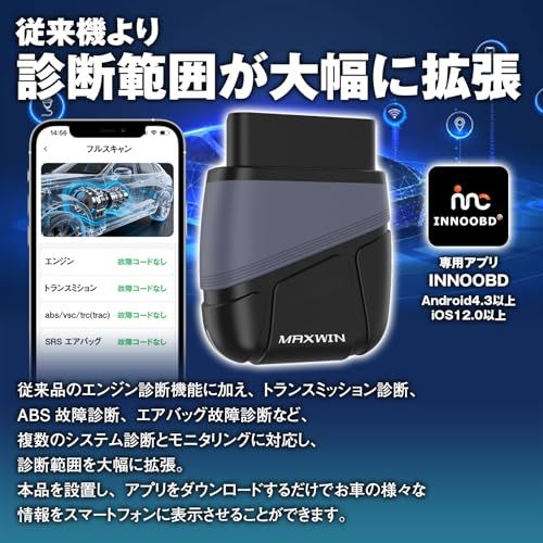 MAXWIN OBD2 診断機 AI故障診断 アダプター スキャンツール トランスミッション Bluetooth5.1 ABS故障診断 エアバッグ故障診断 自動車システムモニタリング ダッシュボード表示機能 メーター表示機能 日本語専用アプリ ab138e10