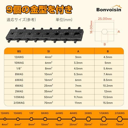 Bonvoisin 油圧圧着工具 油圧圧着ペンチ 9種類ダイス付き 4~70?裸圧着 銅 アルミ端子 ハイドロプライヤー 日本語説明書付きkk 9da9c21a