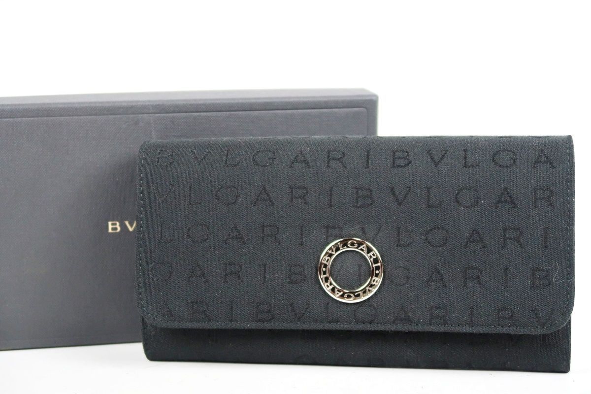 【新品同様・未使用】ブルガリ BVLGARI 二つ折り長財布 ブランドウォレット ブラック キャンバス×レザー【TK43】