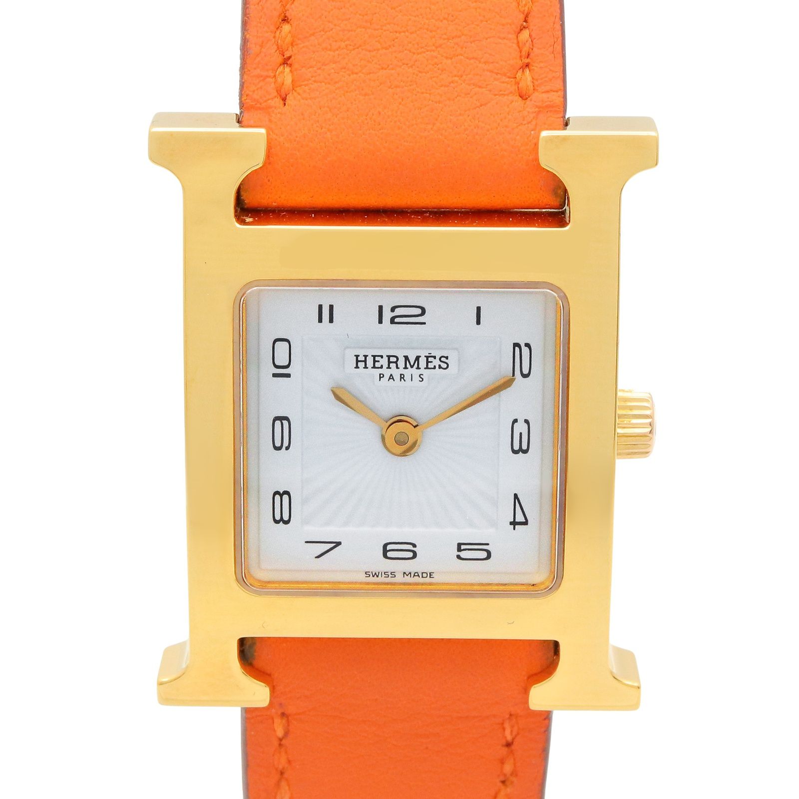 エルメス HERMES 腕時計 Hウォッチ HH1.201 ホワイト GP（ゴールドメッキ） レザーベルト Hウォッチ レディース Used A