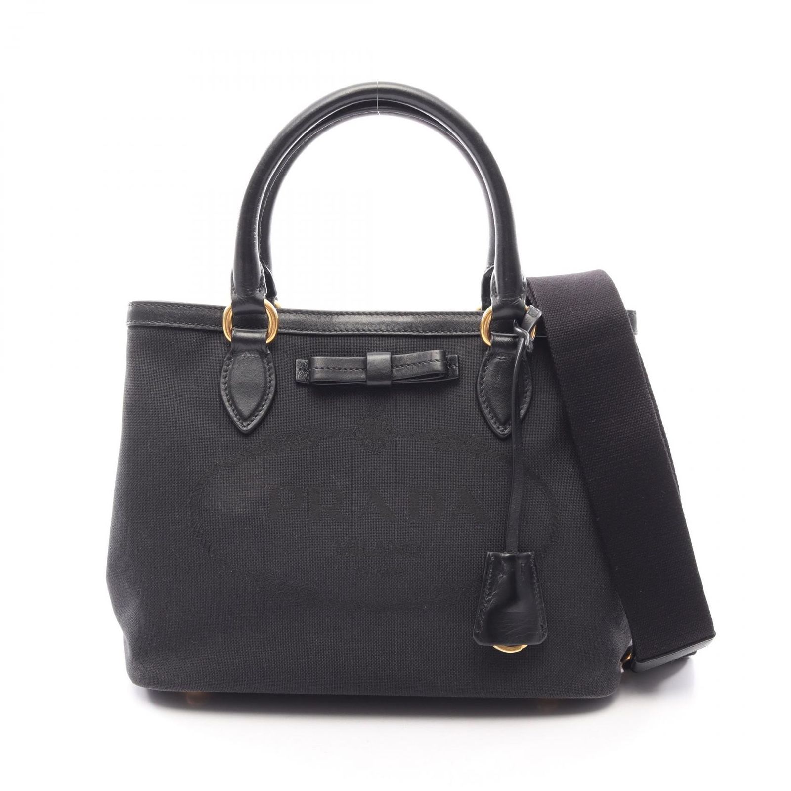 プラダ PRADA ハンドバッグ LOGO JACQUARD ロゴジャガード 2WAY 1BA172 ブラック キャンバス レザー ロゴジャガード リボン付 トートバッグ レディース Used B