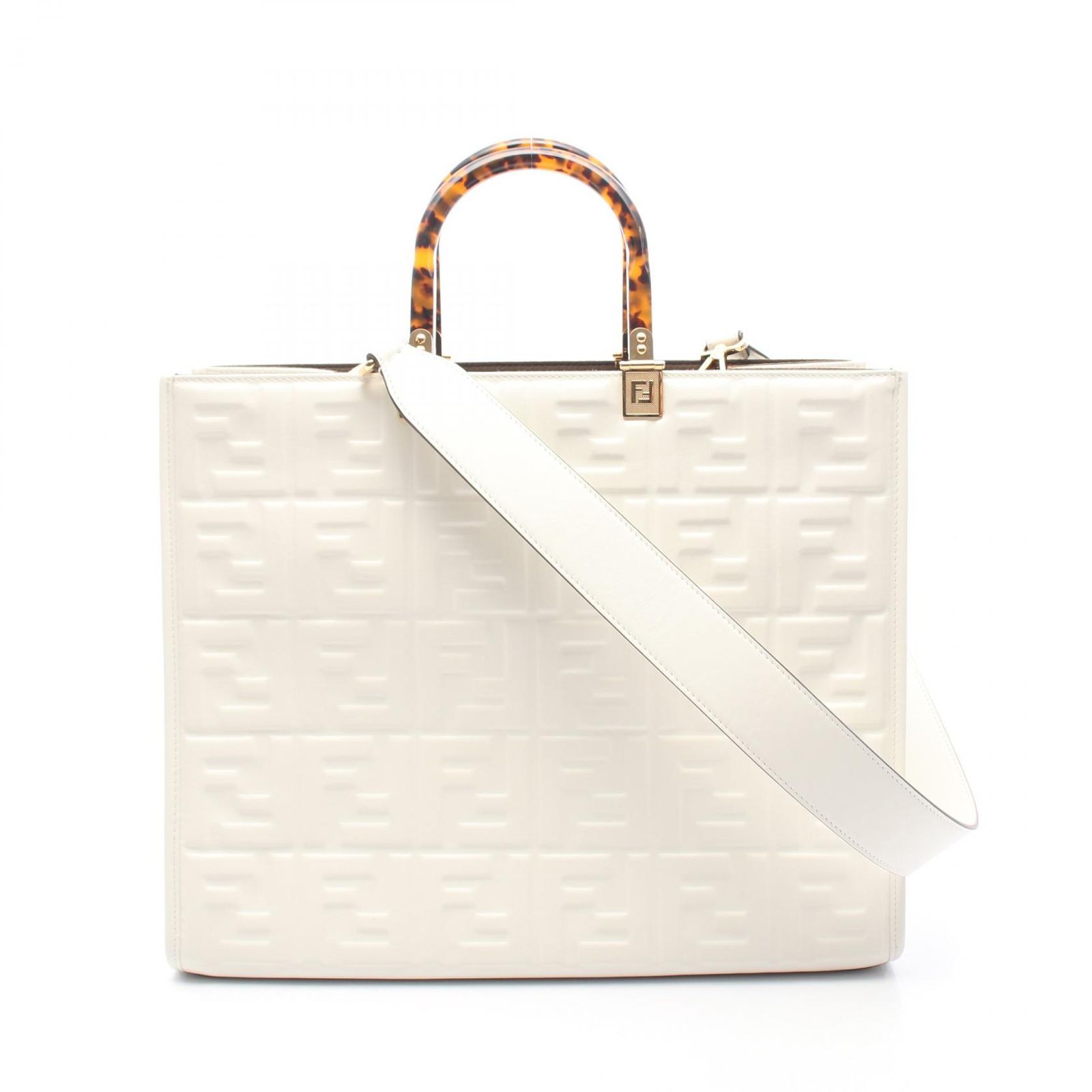 フェンディ FENDI トートバッグ SUNSHINE MEDIUM サンシャイン ミディアム FFエンボス 2WAY 8BH386 ホワイト レザー サンシャイン ミディアム レディース Used A