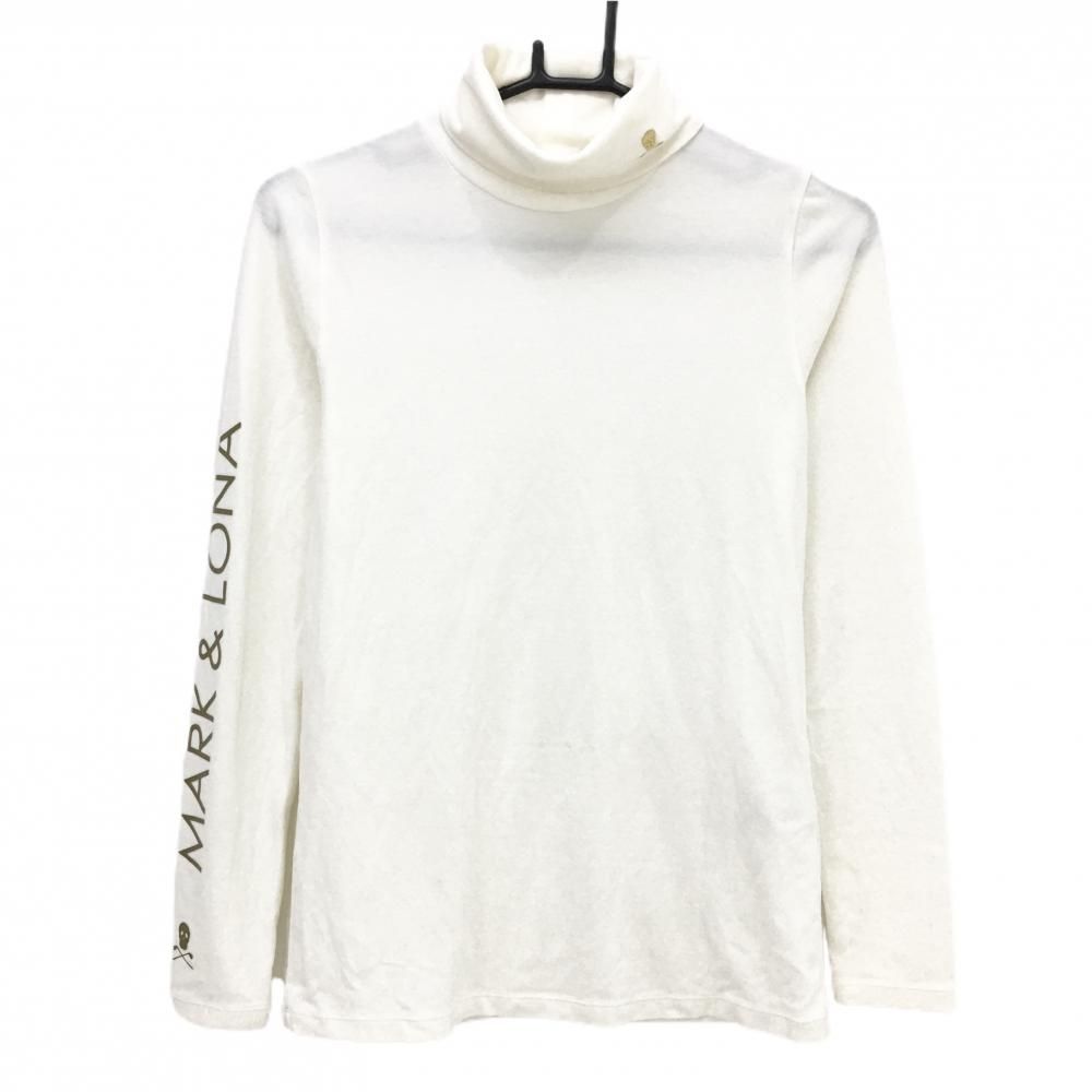 【超美品】マークアンドロナ 長袖ハイネックシャツ 白×ゴールド 袖ロゴ 表微起毛 レディース 38(M) ゴルフウェア MARK&LONA