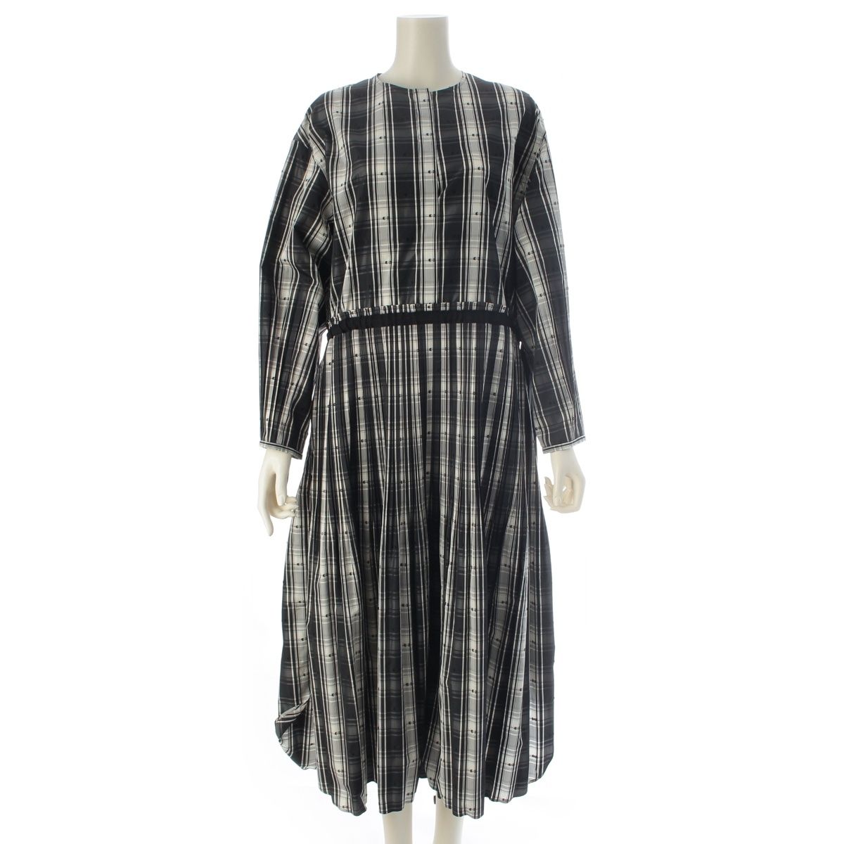 ドゥロワー 24AW カットジャガード ノーカラー プリーツスカート 切替 ワンピース 6526-299-1480 ホワイト ブラック 36【中古】