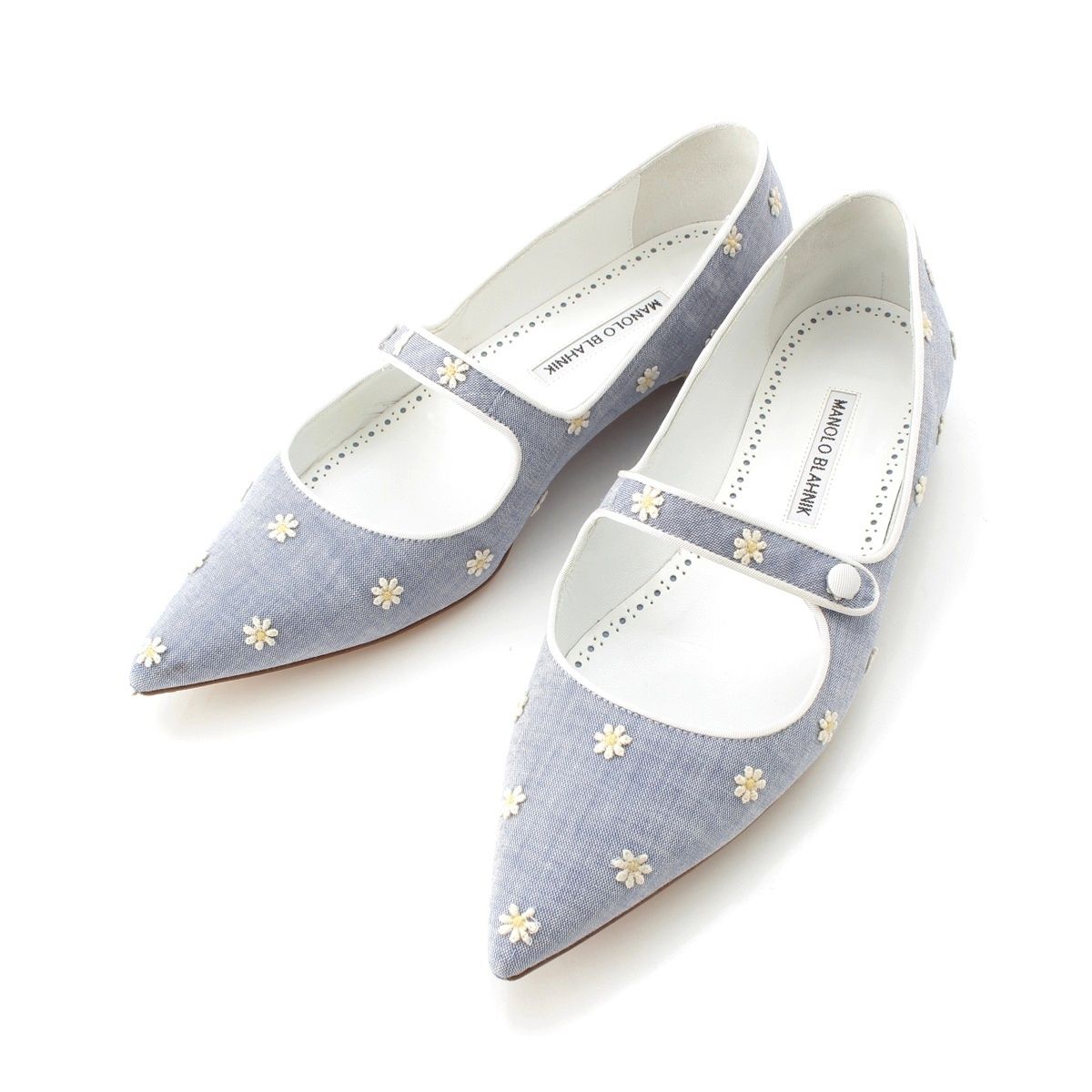 マノロブラニク カンパリ フラット CAMPALI FLAT フラワー エンブロイダリー メリージェーン シューズ ブルー 38 1/2【中古】