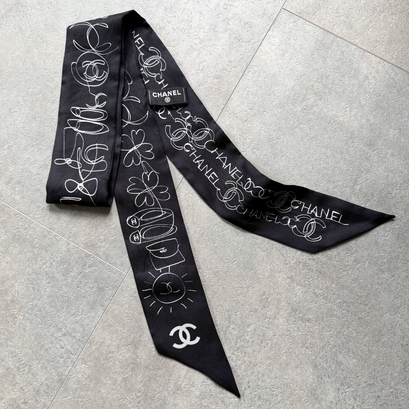 美品 CHANEL シャネル スカーフ ツイリーバンドー ブラック 黒 ココ