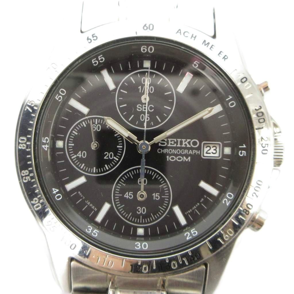 セイコー SEIKO 7T92-0DW0 腕時計 クォーツ ウォッチ カレンダー付き デイト クロノグラフ 黒文字盤 シルバー色 ■GY18 /MQ