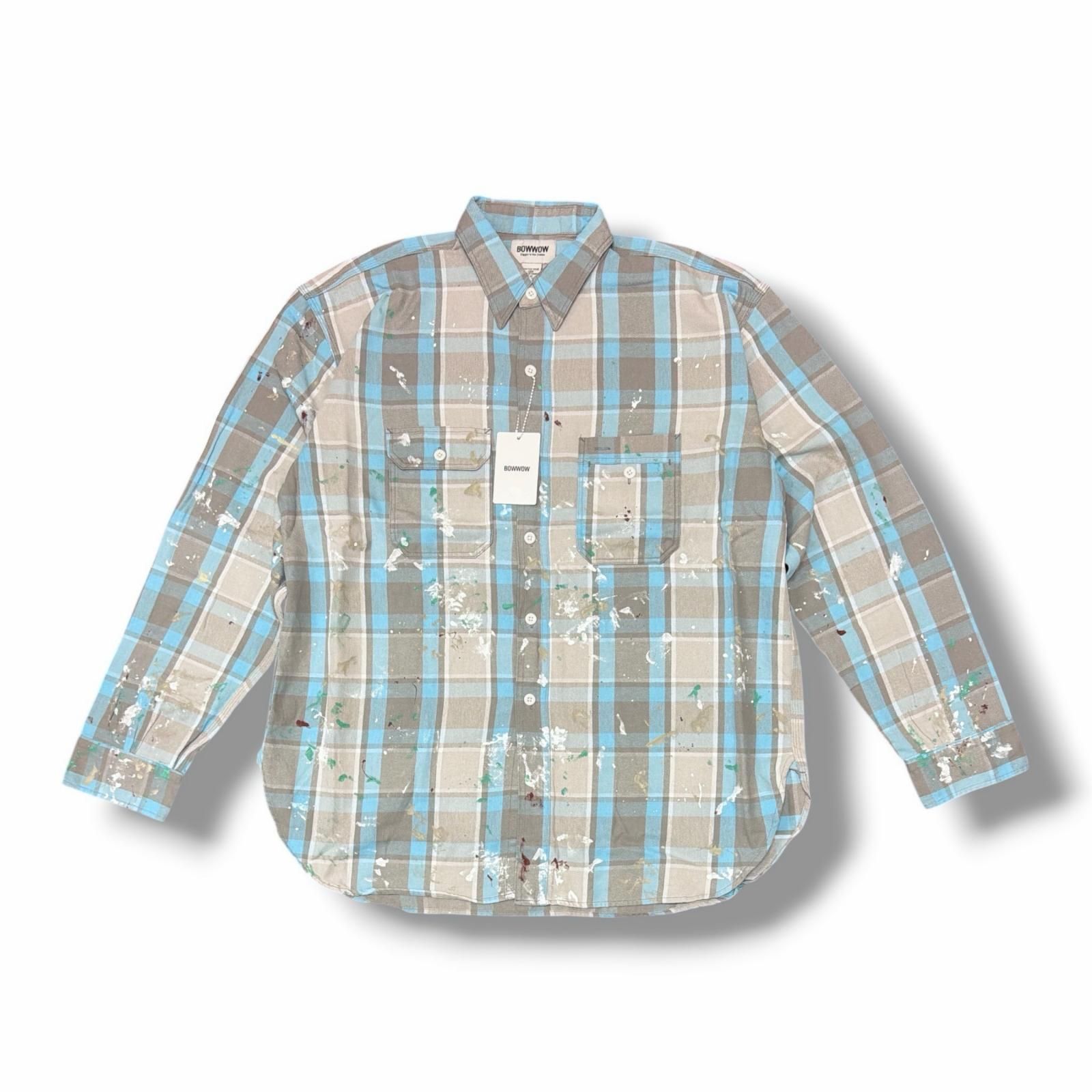 参考上代31,900円 未使用 BOWWOW 25AW PAINTER'S PAINT STAINED FLANNEL SHIRT チェックシャツ バウワウ BW252-PPSFS ブルー XL （15052M） 未使用 BOWWOW 25AW PAINTER'S PAINT STAINED FLANNEL SHIRT チェック