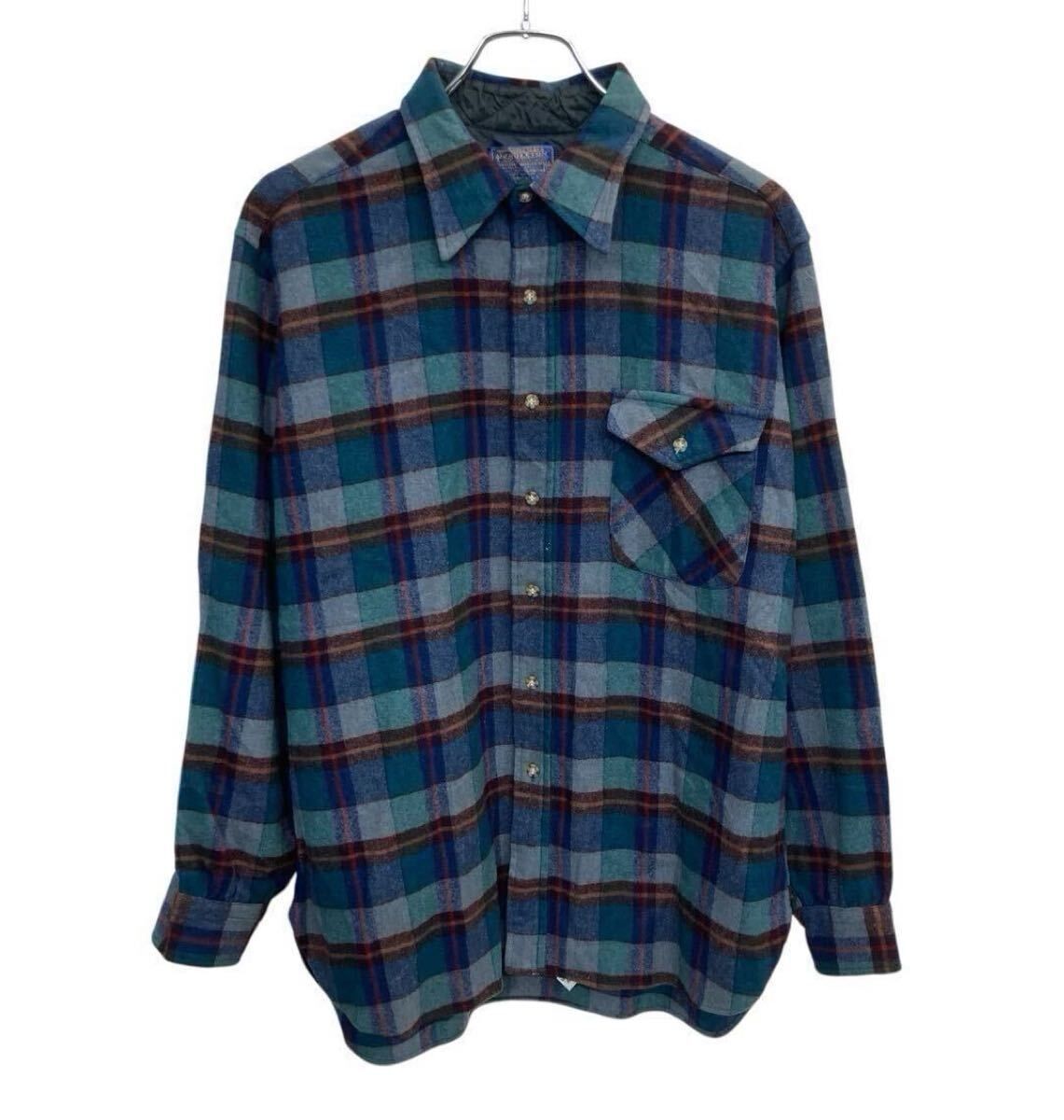 70s USA製 PENDLETON 長袖 ウールシャツ XL マルチカラー グリーン系