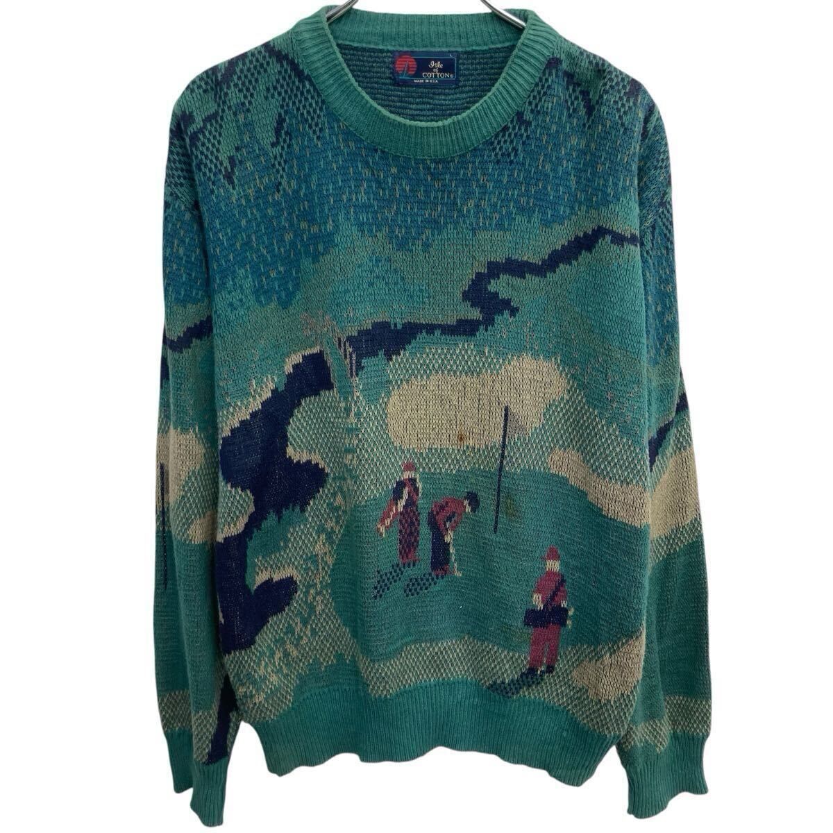 90s USA製 ISLE OF COTTON 総柄 コットンニット セーター L マルチカラー グリーン系 プルオーバー ゴルフ ゴルフニット 秋物 a801-5293
