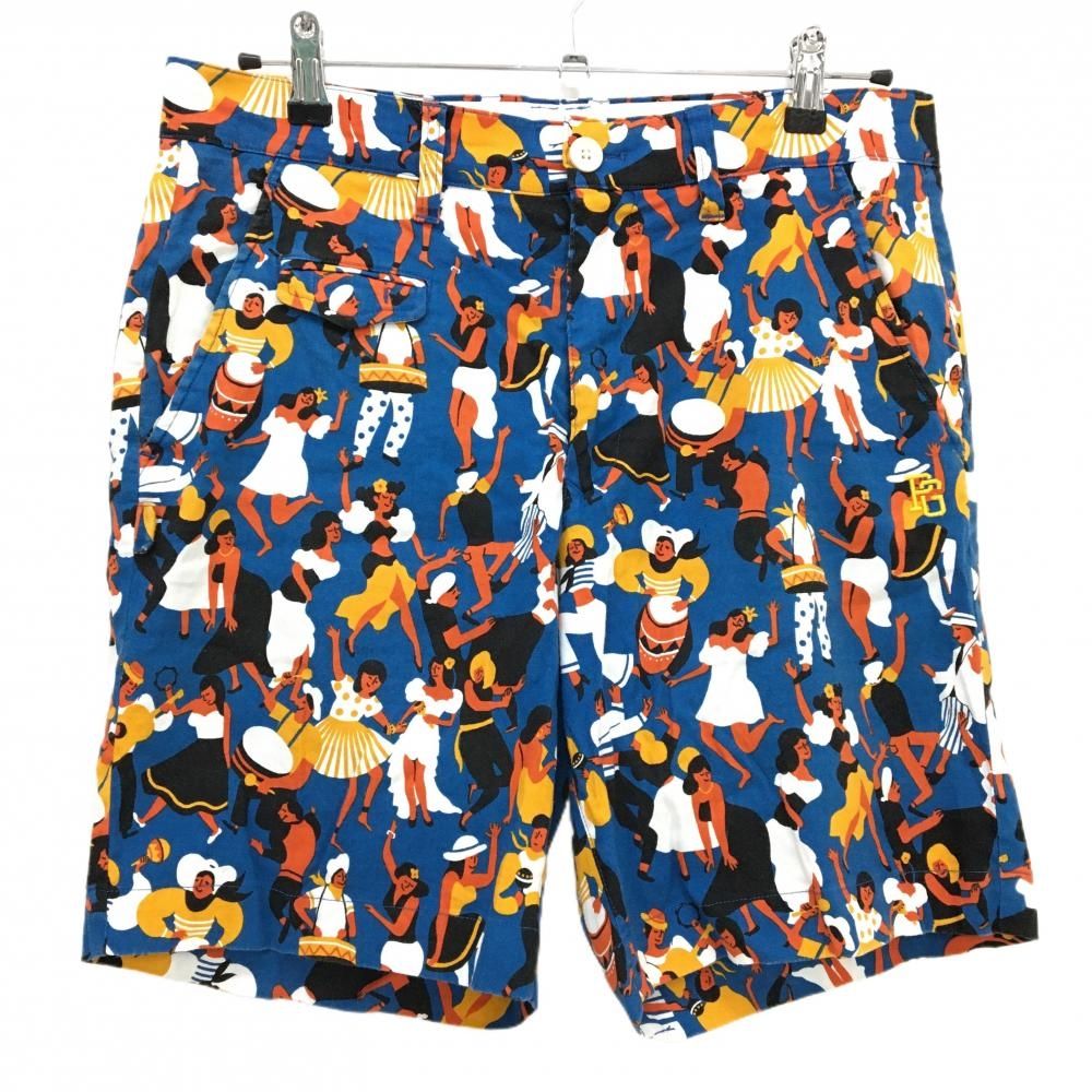【美品】パーリーゲイツ ハーフパンツ ブルーネイビー系×イエロー×オレンジ系 ヒューマン総柄 メンズ 4(M) ゴルフウェア PEARLY GATES
