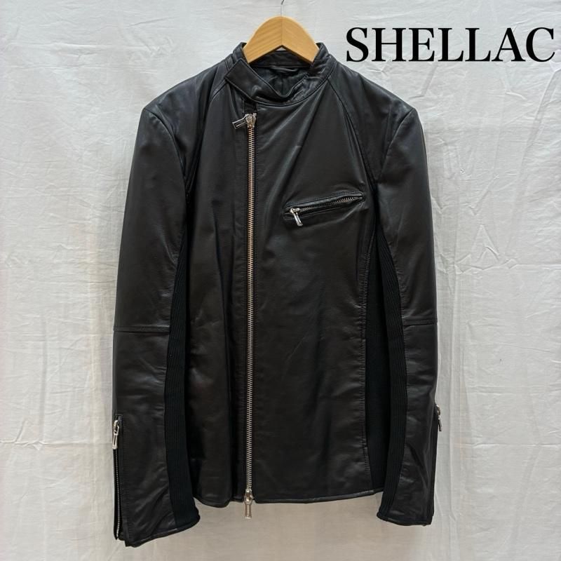 シェラック シングル ライダース ゴート レザー ジャケット ダブルジップ リブ 切替 裏地 パイソン ジャガード SSO-403 メンズ L ISItems【USED】【古着】【中古】50159232