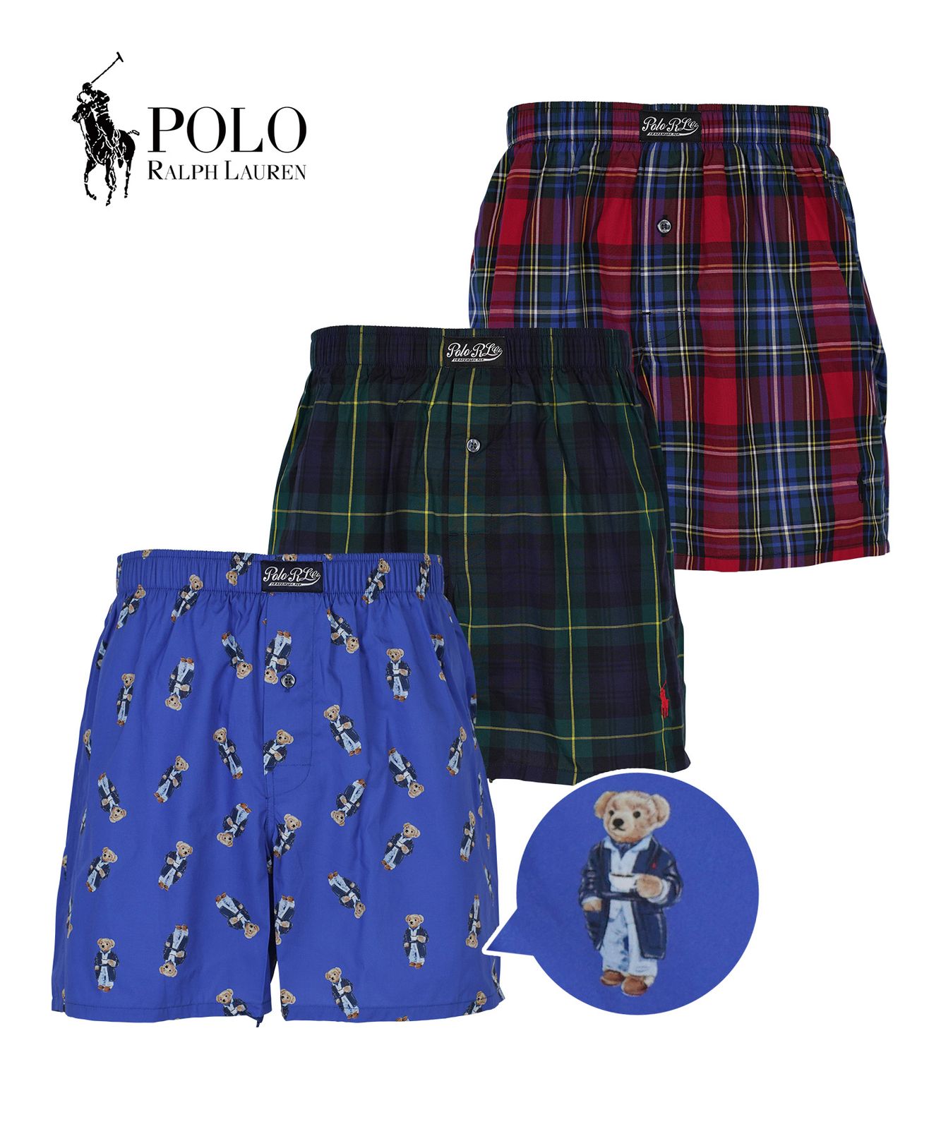 新品 未使用 並行輸入 POLO RALPH LAUREN ポロ ラルフローレン 下着 【3枚セット】Holiday Woven Gift Sets Boxer Brief メンズ トランクス 518757 モーニングローブベアセット 9,009円