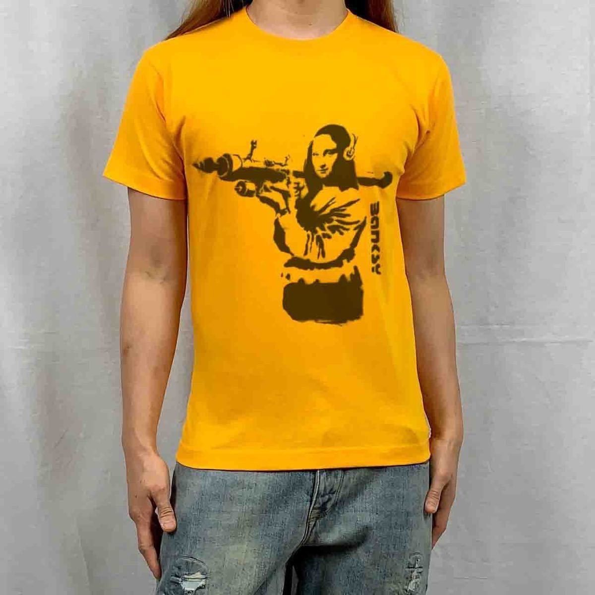 オリジナル Tシャツ ビッグ プリント バンクシー モナリザ ロケット ランチャー バズーカ オレンジ Tシャツ S M L XL タイト ジャスト 大きい ビッグ オーバーサイズ メンズ レディース ユニセックス ピンククリーム