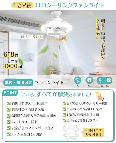SUKITEN シーリングファンライト LED 首振り 小型 36W【小型・大光量・節電】150W相当 6~8畳 4000lm 天井扇風機 無段階調光調色 リモコン付き サーキュレーター E26 省エネ 電球色 昼光色 簡単取り付け 工事不要 b4545910