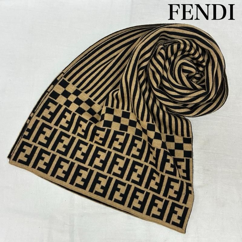 フェンディ オールド ズッカ柄 FFロゴ ストライプ チェッカー ウール マフラー イタリア製 メンズ - ISItems【USED】【古着】【中古】50159607