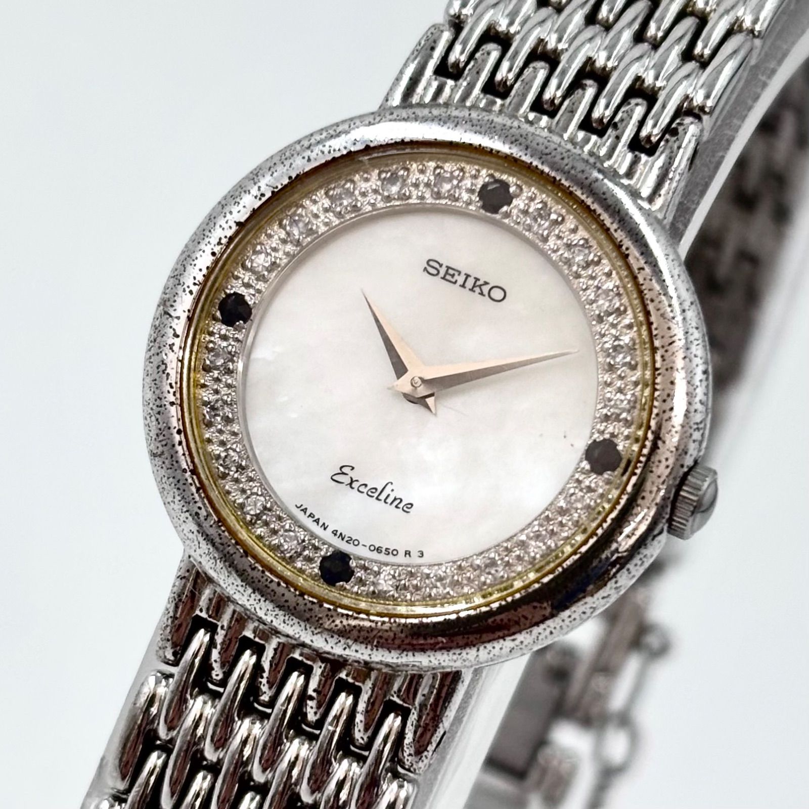 【稼働/20Pダイヤ】SEIKO/セイコー EXCELINE/エクセリーヌ 腕時計 シェル文字盤 サファイア 1990年8月製造 japan vinyage