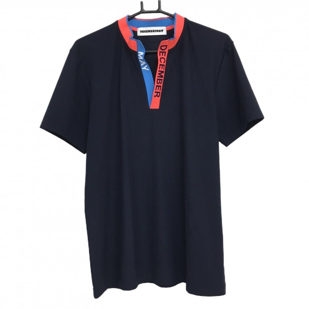 【超美品】ディセンバーメイ 半袖スキッパーシャツ ネイビー×オレンジ 前立てロゴ メンズ L ゴルフウェア DECEMBERMAY