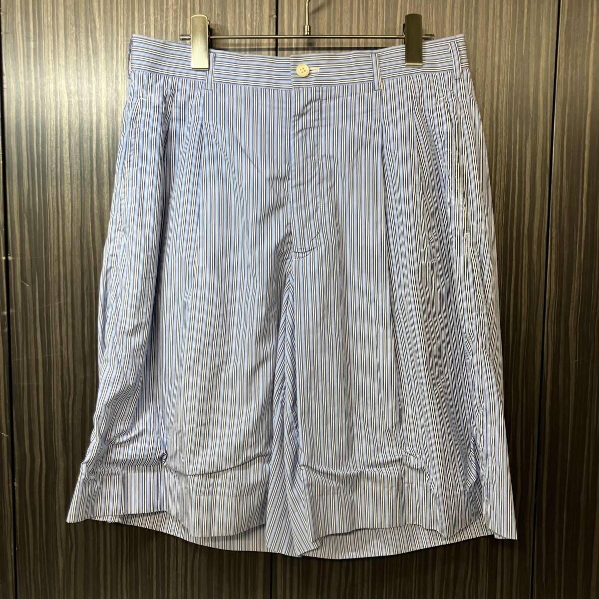 17ss COMME des GARCONS HOMME PLUS ハーフ綿パン ストライプ2タックワイドショーツ Sサイズ PS-P051 コムデギャルソン オムプリュス