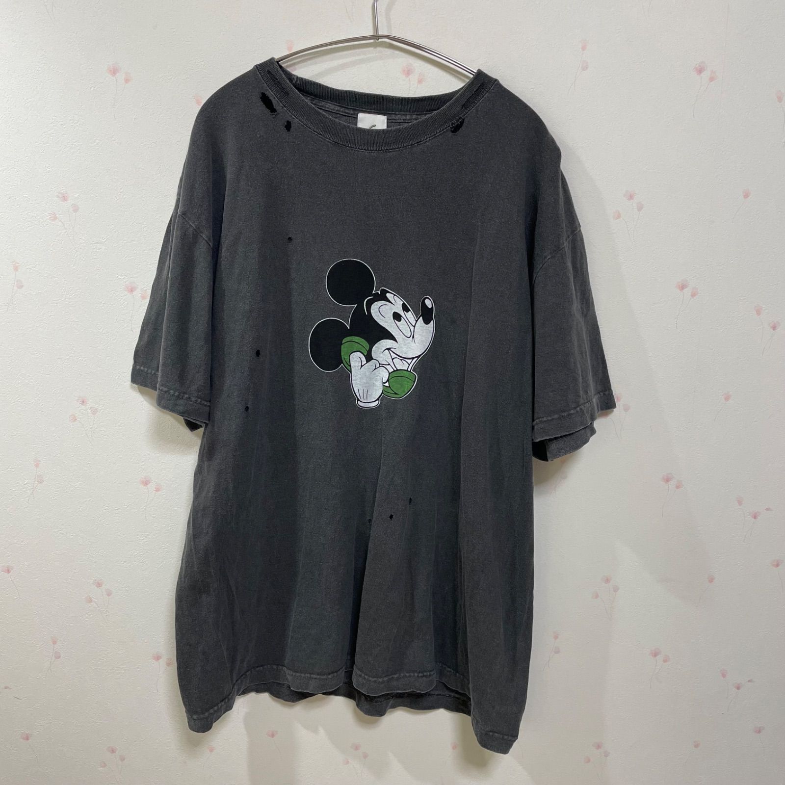 6 ロク ミッキー ダメージ加工Tシャツ L グレー フェード 綿100%