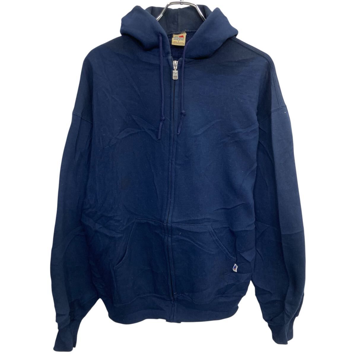 90s USA製 RUSSELL ATHLETIC ジップアップフーディー L ネイビー ラッセルアスレチック ジップアップ プレーン 裏起毛 秋物 a801-5396