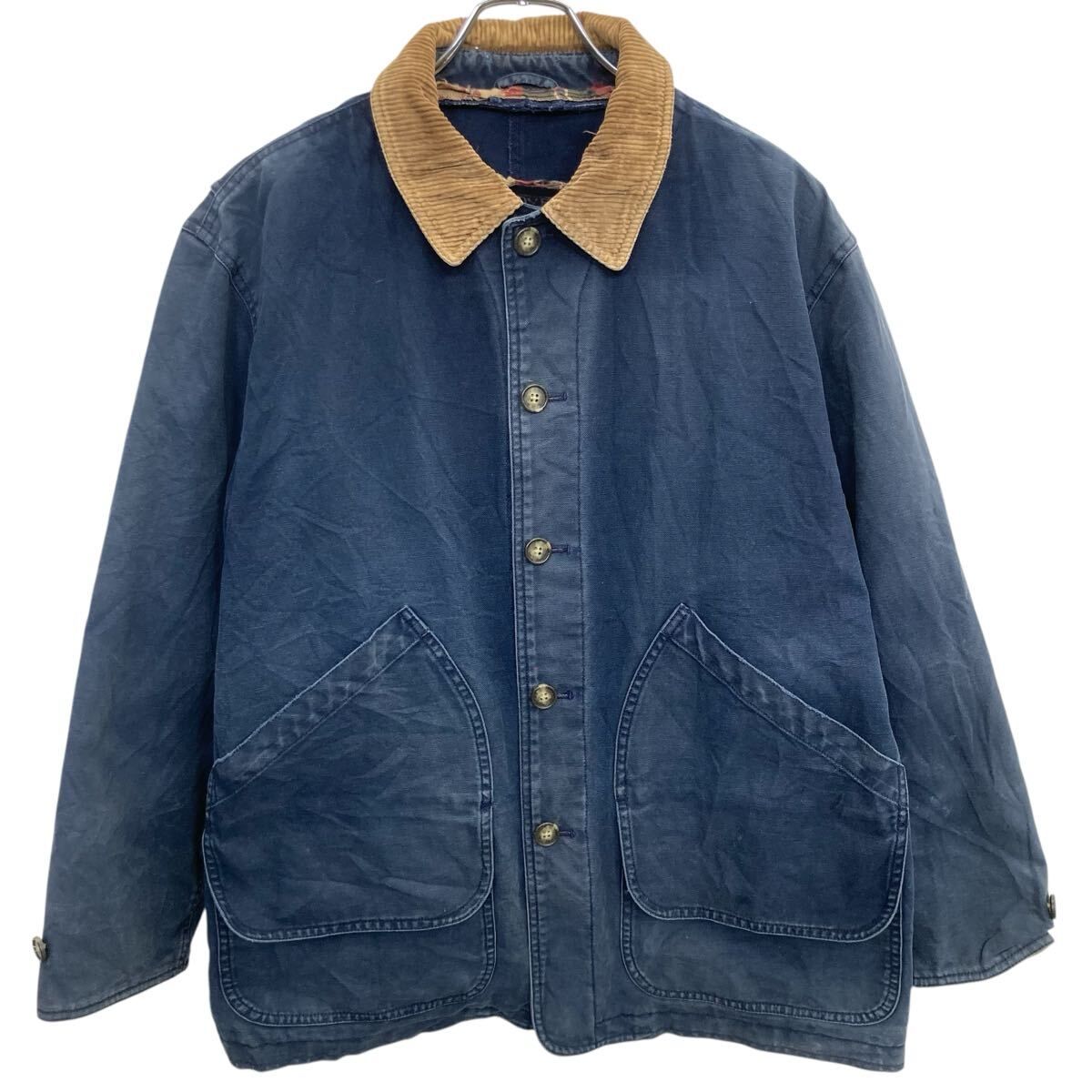 90s LAND'S END ハンティングジャケット M ネイビー ランズエンド 襟コーデュロイ 裏地チェック ワーク アウター 春秋物 a801-5404
