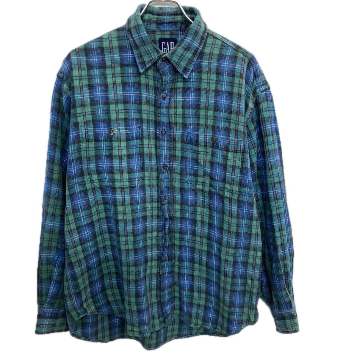 90s Old GAP 長袖 チェック ネルシャツ L マルチカラー オールドギャップ チェック柄 ヘビーネル 胸ポケット 春秋物 a801-5440