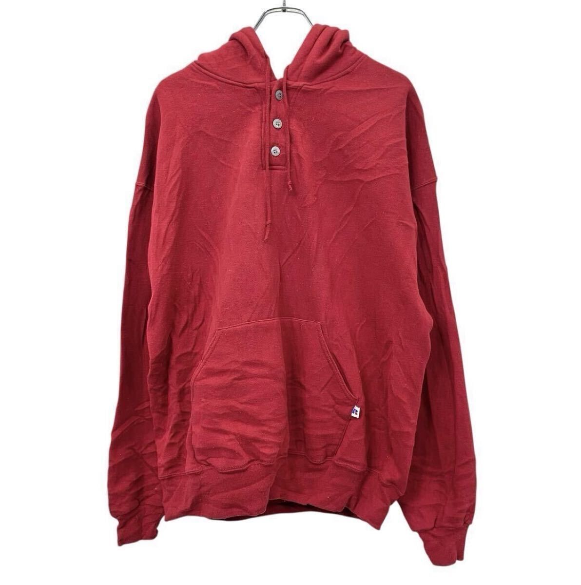 90s USA製 RUSSELL ATHLETIC ヘンリーネックパーカー 2XL レッド ラッセルアスレティック フーディー ハーフボタン 裏起毛 秋物 a801-5452