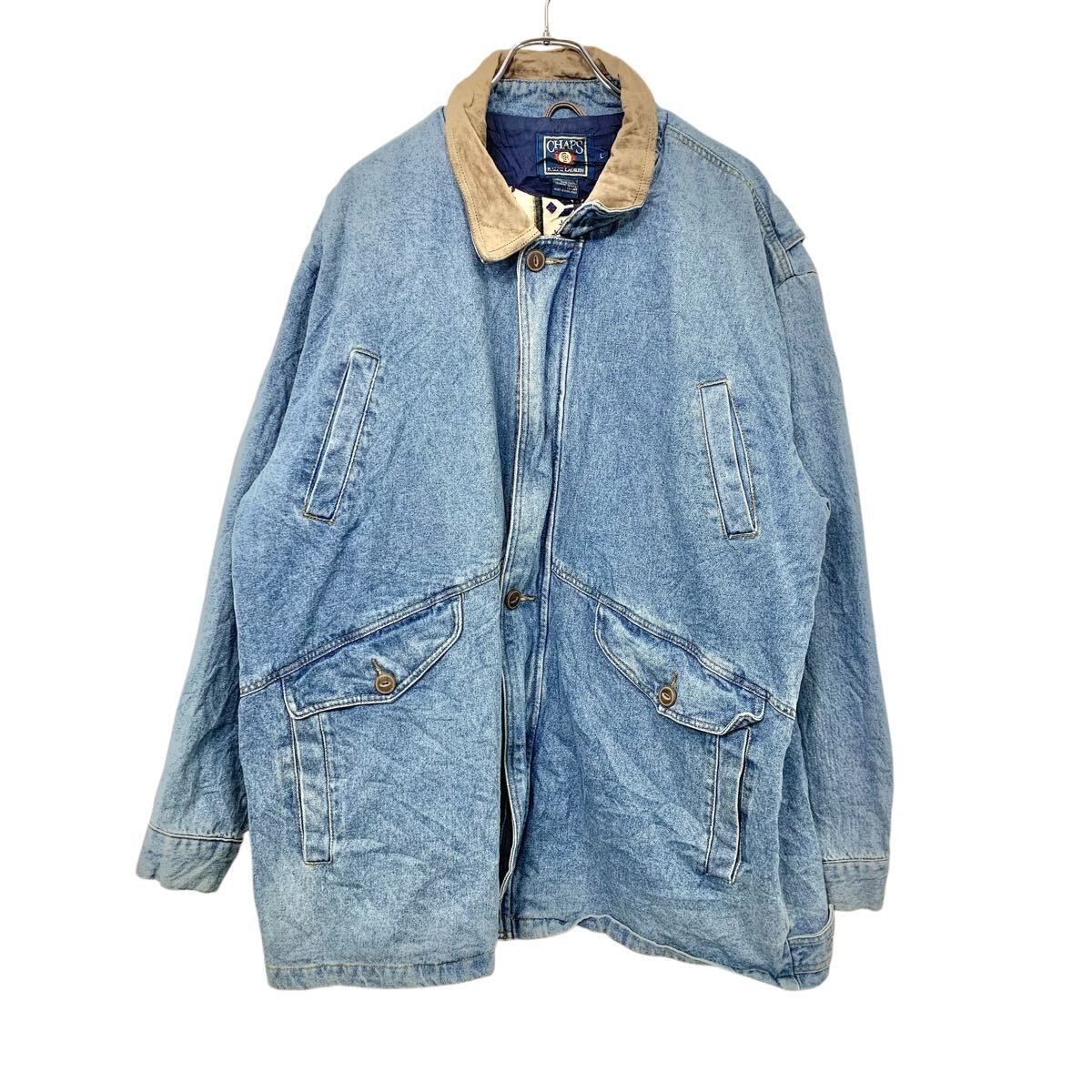 80s CHAPS RALPH LAUREN デニムジャケット L ライトブルー チャップスラルフローレン アウター 襟レザー ハーフ丈 秋冬物 a801-5458