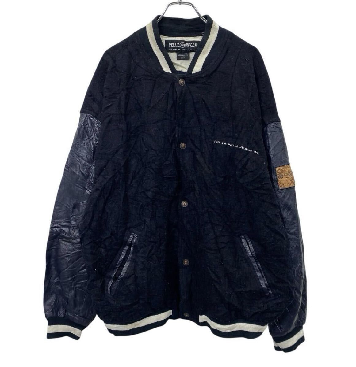 00s PELLE PELLE スタジアムジャケット XXL ブラック ペレペレ スナップボタン バックプリント ストリート アウター 秋冬物 a801-5917