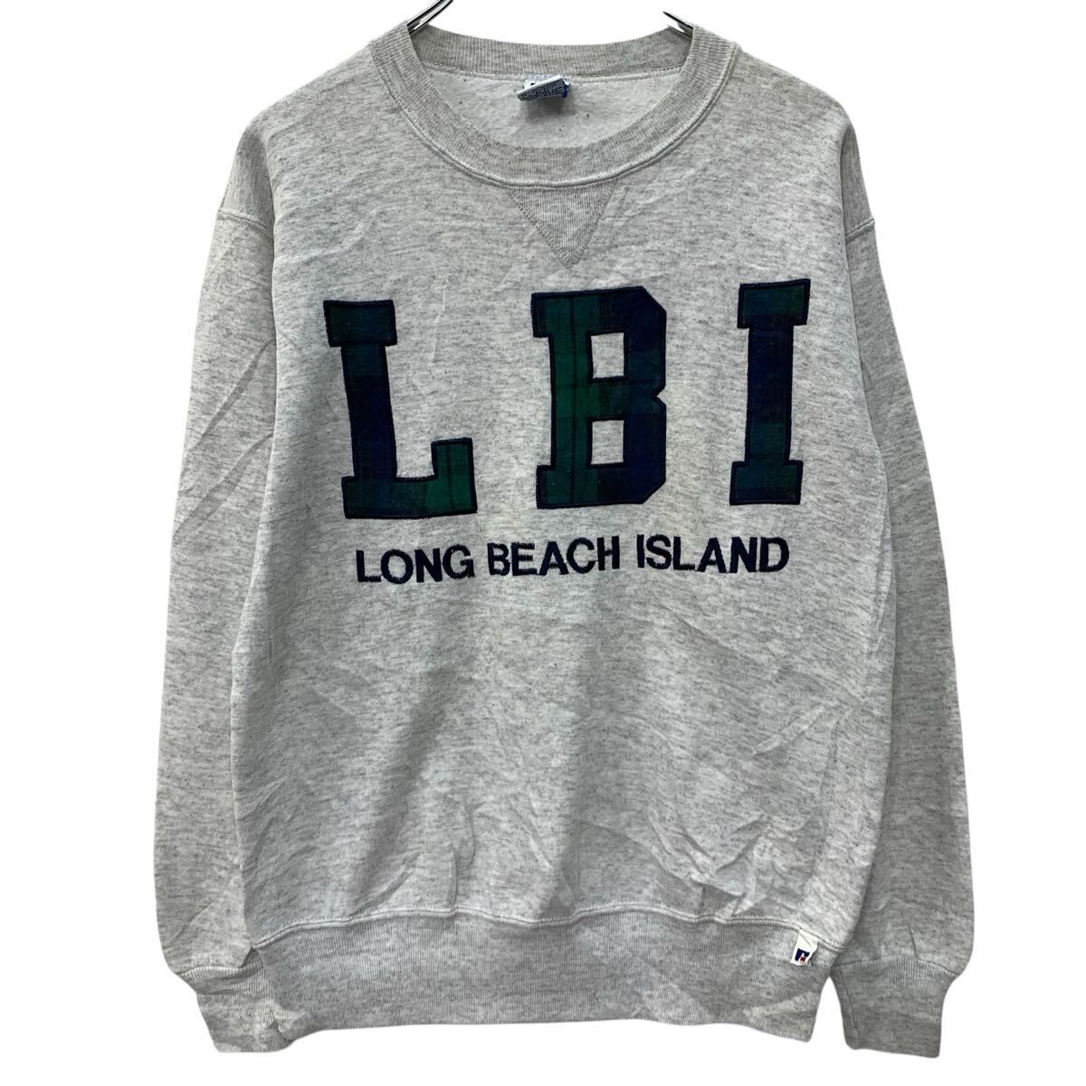 90s USA製 RUSSELL ATHLETIC ロゴスウェット トレーナー M グレー ラッセルアスレティック LONG BEACH ISLAND 前Vガゼット 秋物 a803-5192