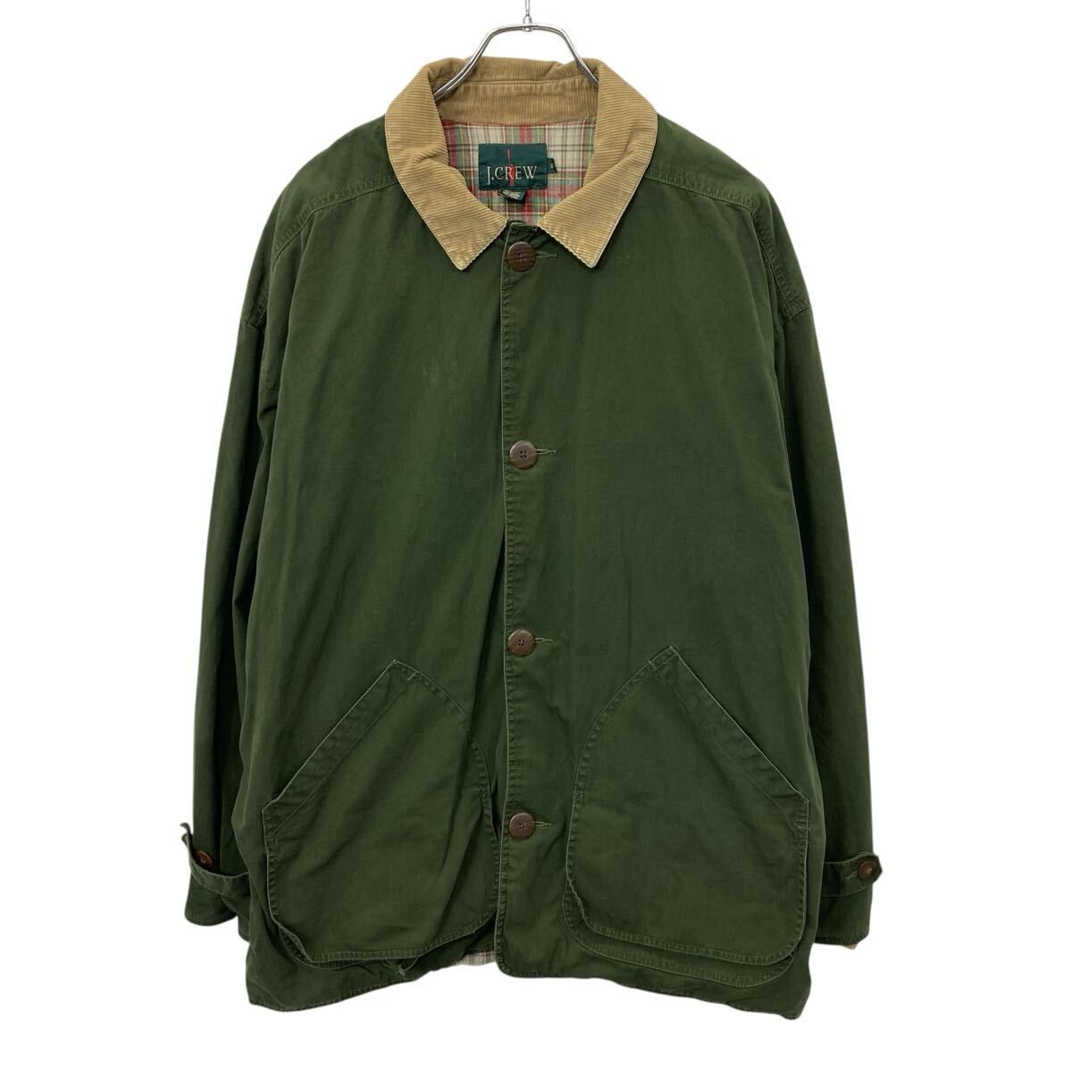90s J.CREW ハンティングジャケット XL グリーン ジェイクルー 巨人タグ 襟コーデュロイ 裏地チェック ワーク アウター 春秋物 a803-5569