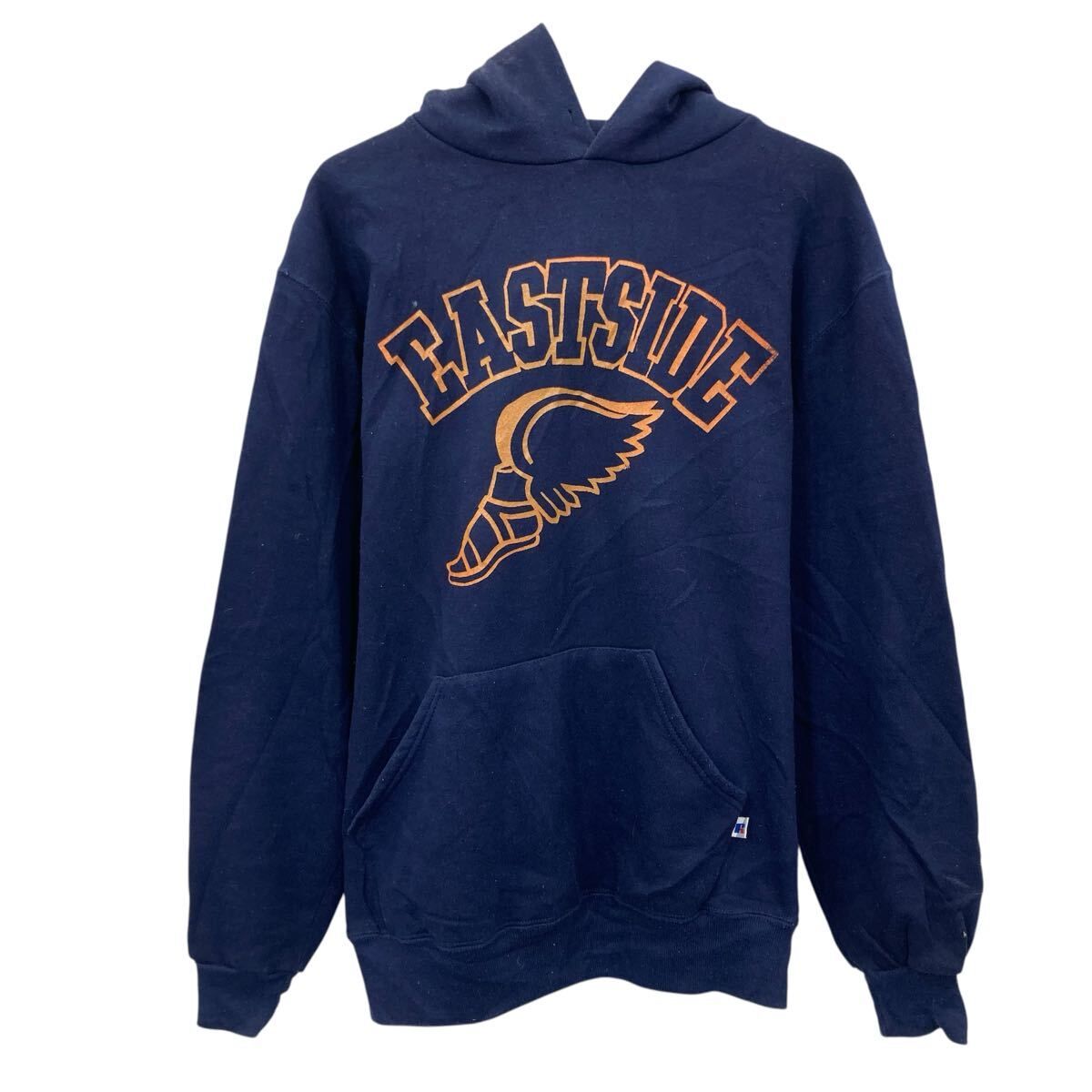 90s USA製 RUSSELL ATHLETIC プリントスウェット パーカー L ネイビー ラッセルアスレティック ウィングフット フーディー 秋物 a805-5317