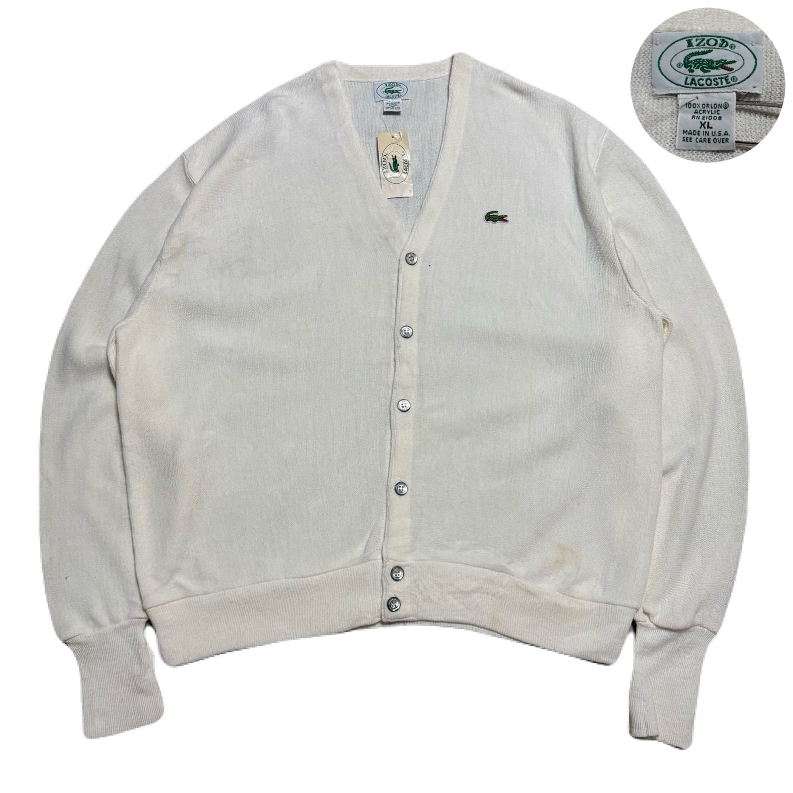 LACOSTE IZODLACOSTE アイゾッドラコステ Cardigan カーディガン 80s USA製 タグ付き EmbroideredLogo 刺繍ロゴ One-PointLogo Acrylic アクリル White ホワイト 白 XL