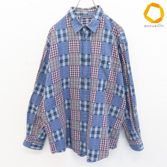 パパス Papas 長袖シャツ パッチワーク チェック ロゴボタン メンズ [x1015380]