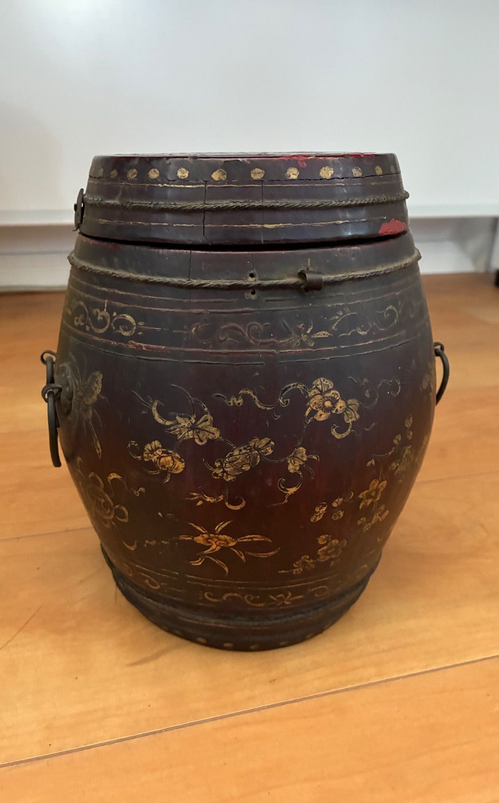 中国古玩 時代物 黒漆描金花卉紋木桶 漆器 小物入れ 骨董品 古美術