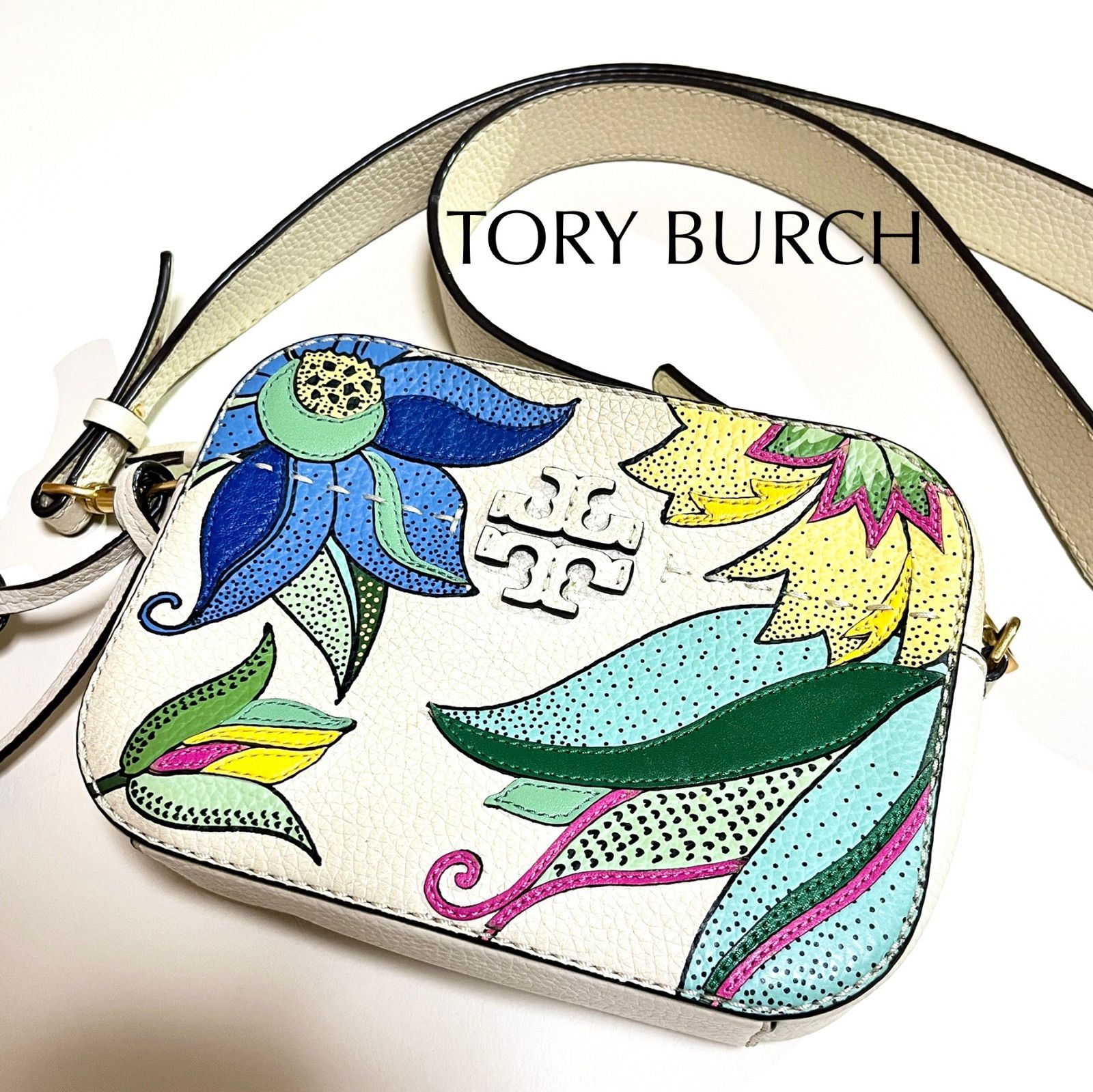 cW15 TORY BURCH マックグロー 花柄 カメラバッグ McGraw Pieced Leather Camera Bag ショルダーバッグ クロスボディバッグ レザー ボタニカル トリーバーチ