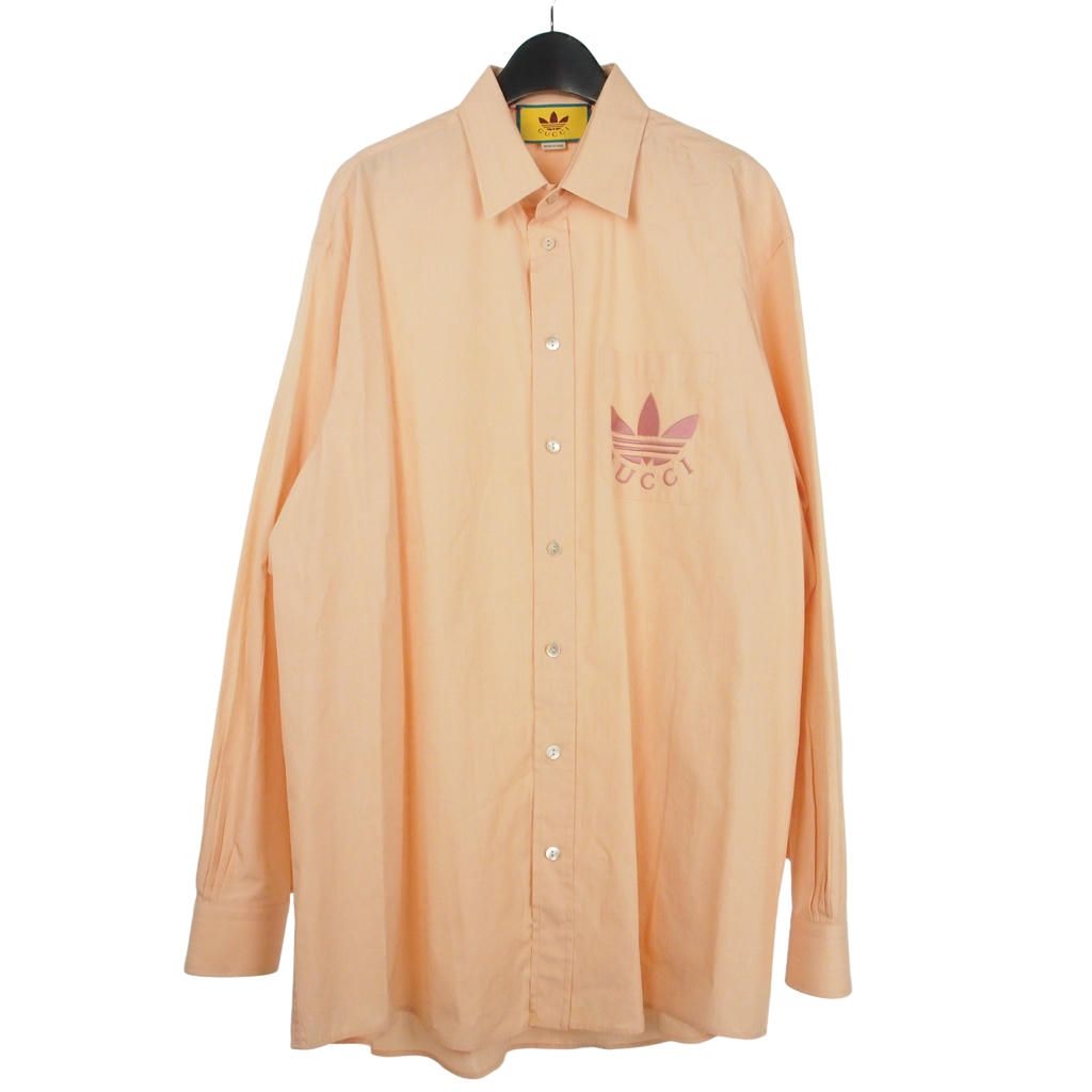 グッチ GUCCI × アディダス adidas コラボ 22ss Philafil L/S 長袖 シャツ オーバーサイズ ビッグシルエット ロゴ刺繍 50 LL ピンク オレンジ 691521