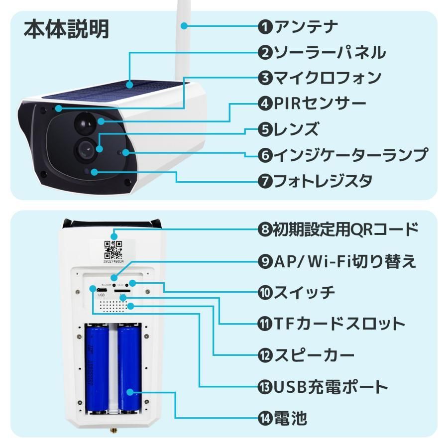 #2609 ソーラーパネル 一体型 フルHD 高画質 防犯カメラ 双方向通話 防水 防塵屋外 玄関 家庭用 無線 WiFi ワイヤレス 電源不要 充電式 自動追跡 ※一部地域離島別途配送料有