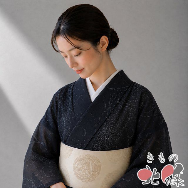 夏物 夏着物 夏結城 着物 中古 正絹 カジュアル 唐草模様 黒色 身丈156.5cm 裄62.5cm M きもの北條 A1368-10