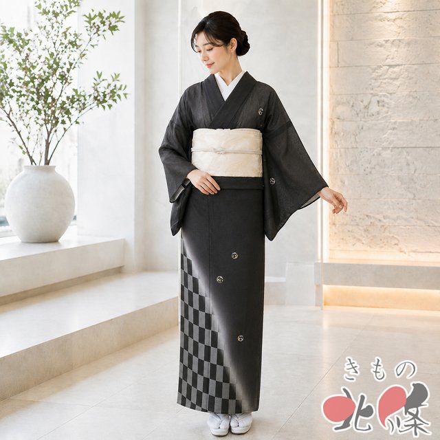 夏物 付け下げ 付下げ 訪問着 着物 中古 正絹 刺繍 波文 市松模様 鹿の子模様 赤墨色 身丈160cm 裄67cm M きもの北條 A1368-11